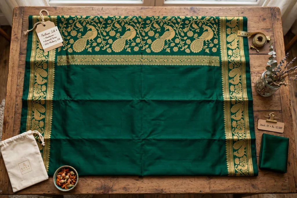 Exquisite Peacock-Motif Paithani Silk Saree with Matching Lace-Trimmed Stole – Available in Emerald Green & Dusty Rose - Photo 2