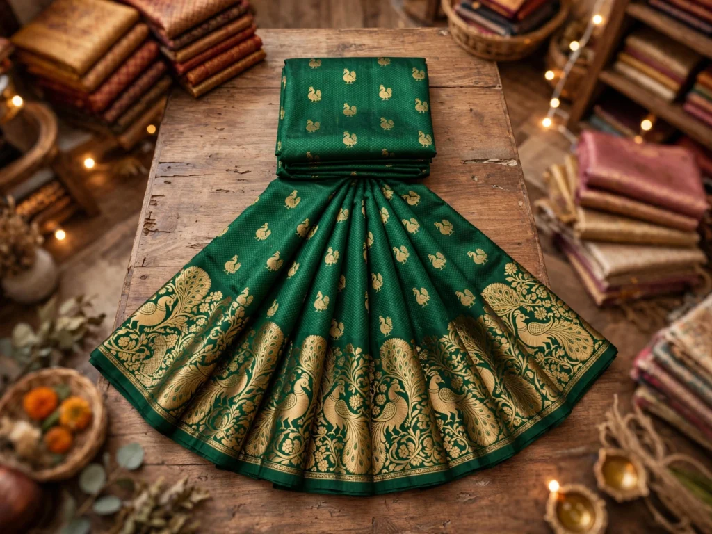 Exquisite Peacock-Motif Paithani Silk Saree with Matching Lace-Trimmed Stole – Available in Emerald Green & Dusty Rose - Photo 3