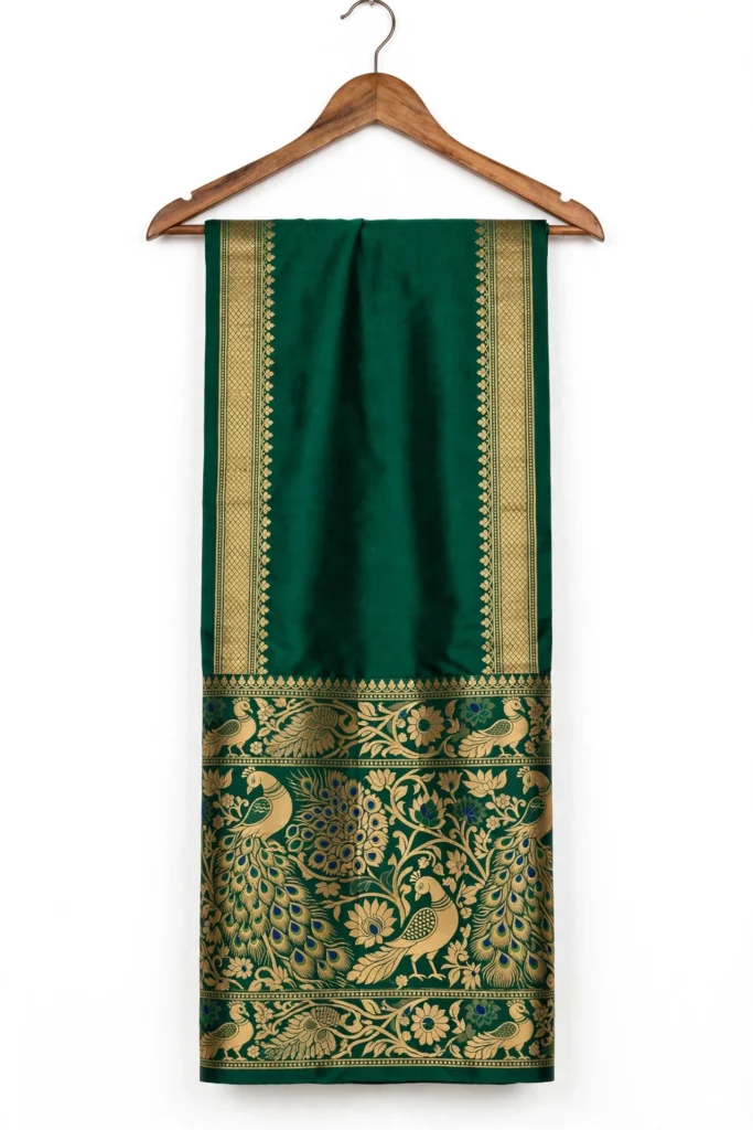 Royal Emerald Green Banarasi Silk Saree with Traditional Peacock Motif Weave - Photo 1