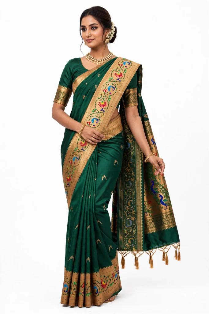 Royal Emerald Green Banarasi Silk Saree with Traditional Peacock Motif Weave - Photo 2