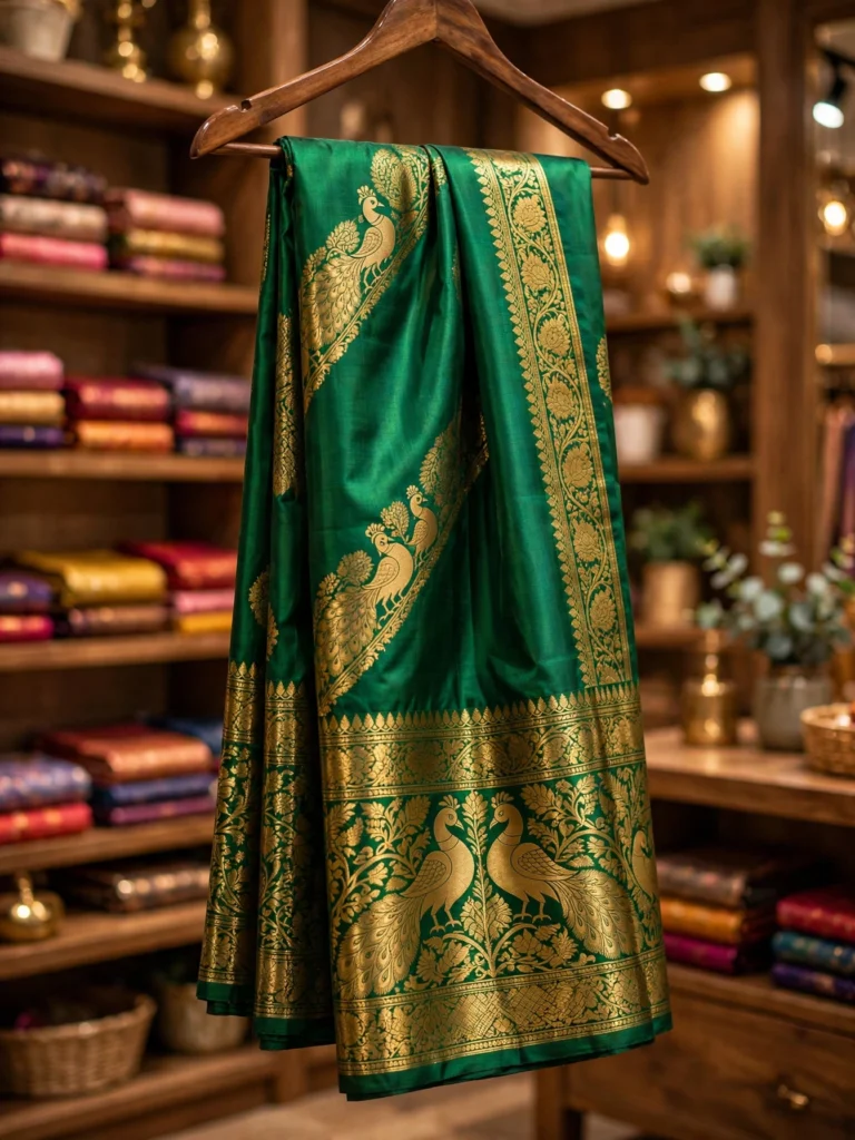 Royal Emerald Green Banarasi Silk Saree with Traditional Peacock Motif Weave - Photo 3