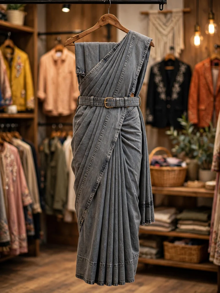 Contemporary Denim Drape & Classic Gold Silk Saree – Available in Urban Denim & Traditional Gold - Photo 2