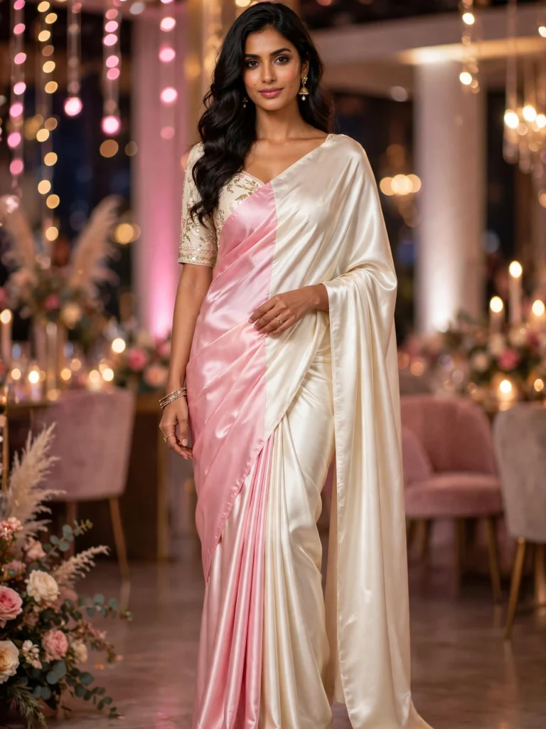 Dual-Tone Shimmer Satin Half-n-Half Saree – Available in Pink & Cream and Hot Fuchsia