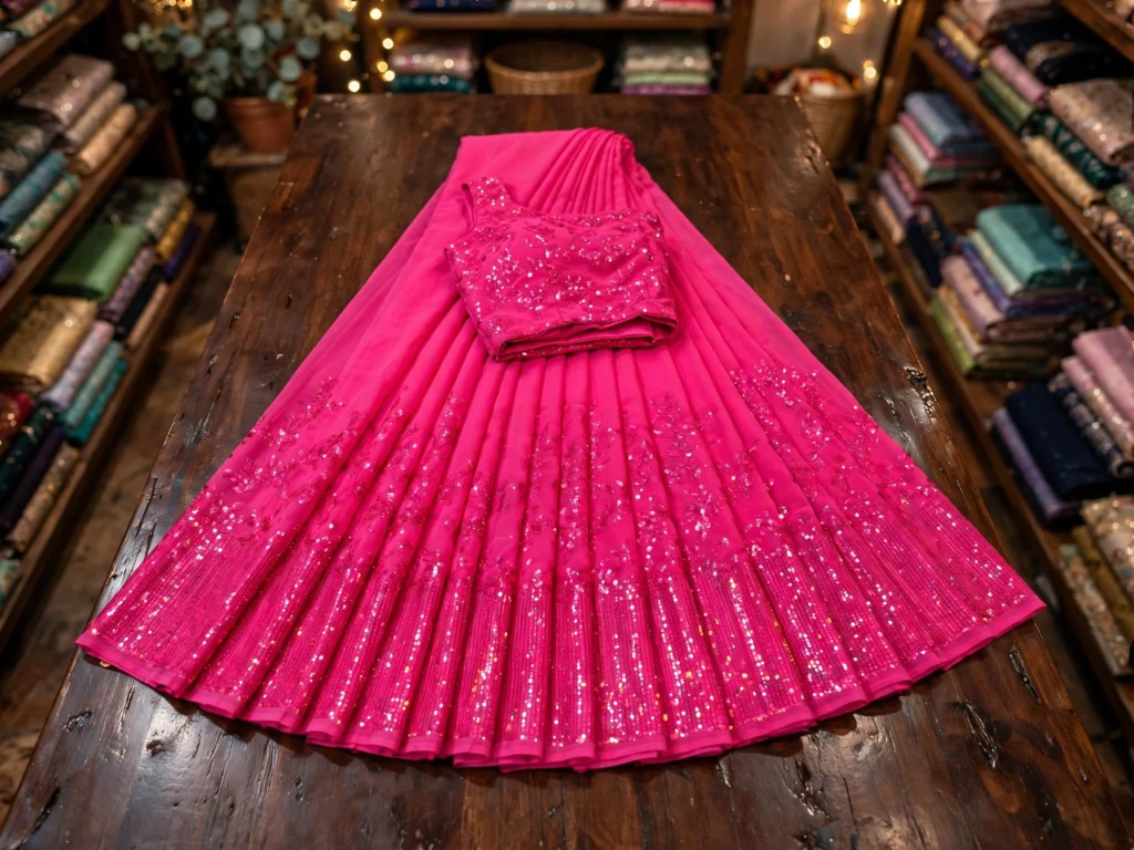 Dual-Tone Shimmer Satin Half-n-Half Saree – Available in Pink & Cream and Hot Fuchsia - Photo 3