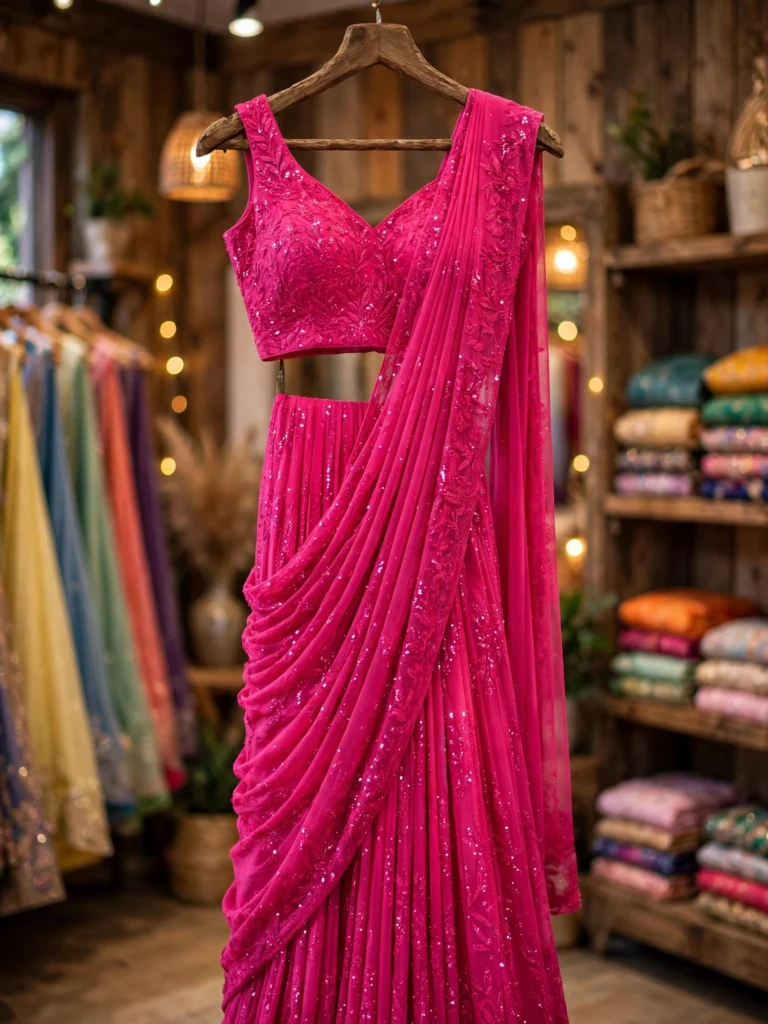 Radiant Fuchsia Sequined Drape Saree & Natural Beige Linen Wrap – Available in Fuchsia Pink & Natural Beige - Photo 2