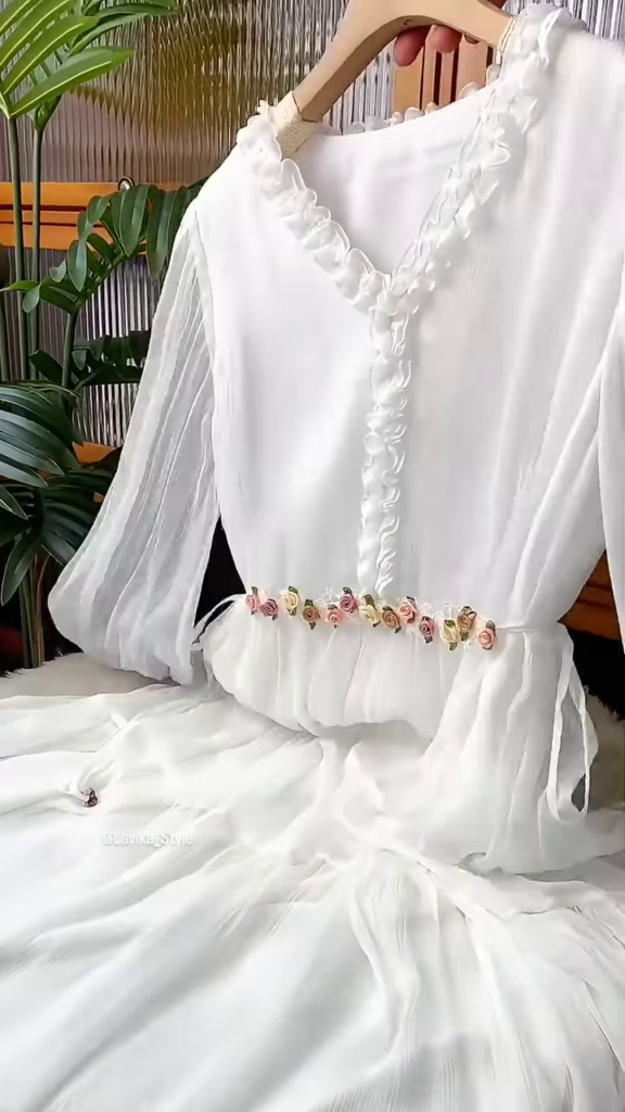 Ethereal White Ruffled Maxi Dress with Floral Embellishments - Photo 3
