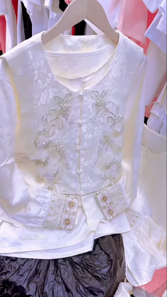 Exquisite Silk and Brocade Top with Pearl and Sequin Embellishments - Photo 1