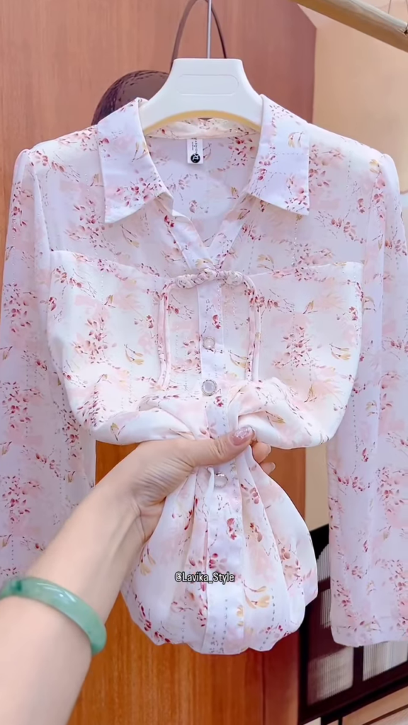 Delicate Floral Sheer Blouse with Front Tie Detail - Photo 4