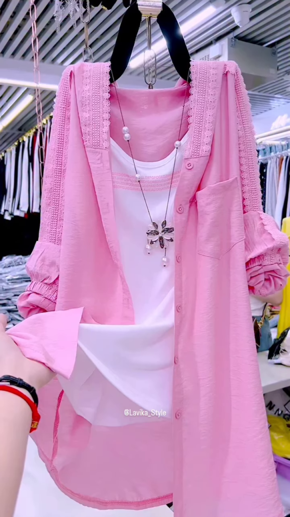 Pastel Pink Overshirt with Lace and Pearl Necklace - Photo 1