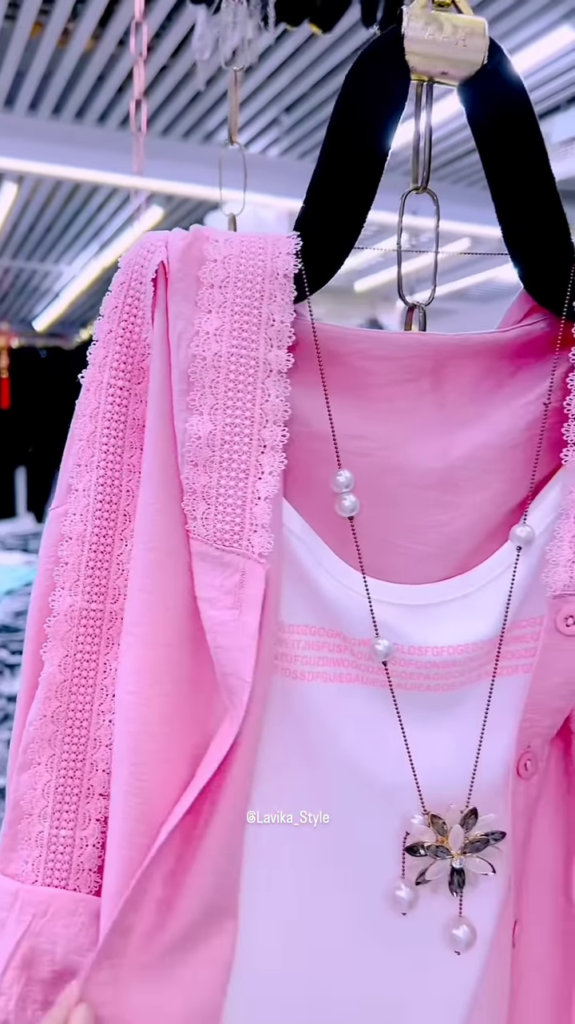Pastel Pink Overshirt with Lace and Pearl Necklace - Photo 3