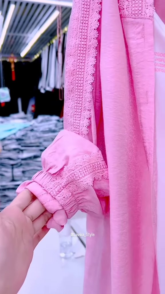 Pastel Pink Overshirt with Lace and Pearl Necklace - Photo 2