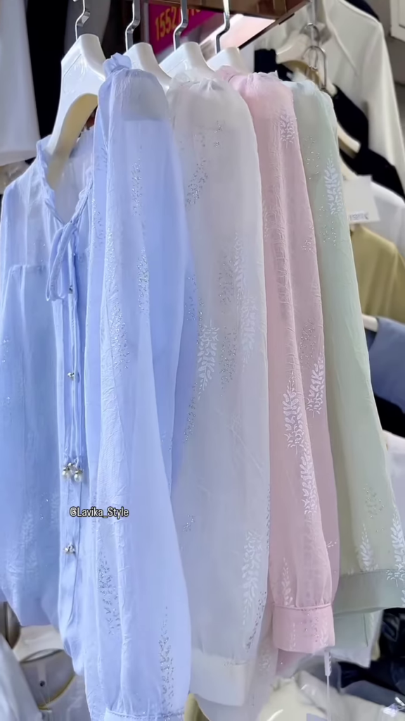 Light Blue Sheer Blouse with Leaf Pattern and Pearl Buttons - Photo 2
